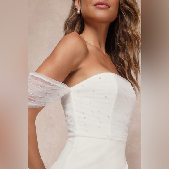 Lulus Profound Glamour Ivory Pearl Off-the-Shoulder Tulip Maxi Dress NWOT - Picture 3 of 10